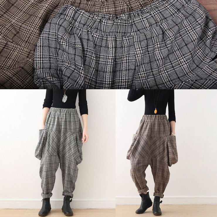 Autumn new retro thick large size warm knitted gray plaid harem bloomers - SooLinen