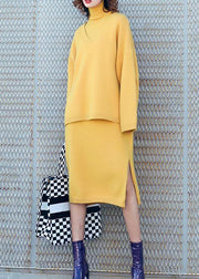 Autumn new temperament yellow high collar long-sleeved sweater suit skirt two-piece - SooLinen