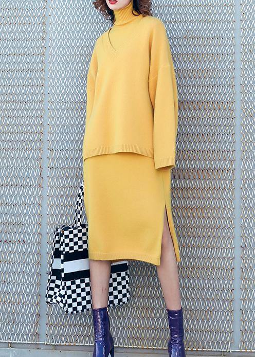 Autumn new temperament yellow high collar long-sleeved sweater suit skirt two-piece - SooLinen
