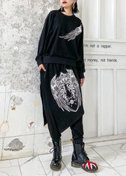 Autumn suit ming casual black printed long-sleeved sweater harem pants two-piece suit - SooLinen