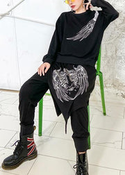 Autumn suit ming casual black printed long-sleeved sweater harem pants two-piece suit - SooLinen
