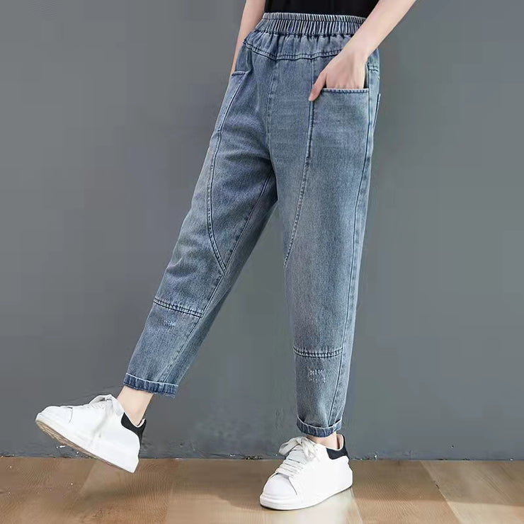 Autumn new blue lace-up elastic waist harem jeans