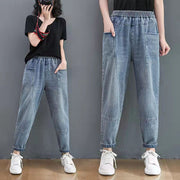 Autumn new blue lace-up elastic waist harem jeans