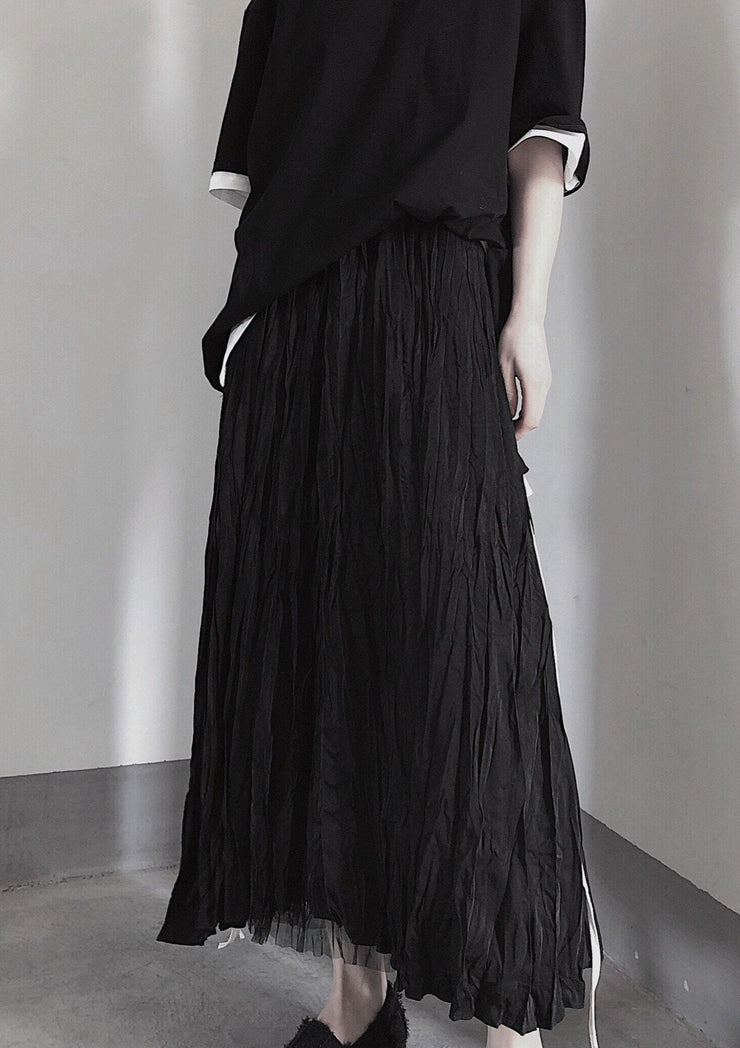 BLACK PLEATED Double Layer Design With Elastic Waist Skirt On Both Sides - SooLinen
