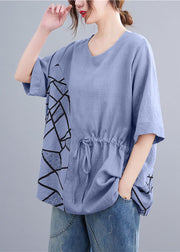 Baby Blue Print Patchwork Cotton T Shirt Tops O Neck Summer