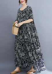 Baggy Black Wrinkled Patchwork Print Exra Large Hem Cotton Long Dress Short Sleeve