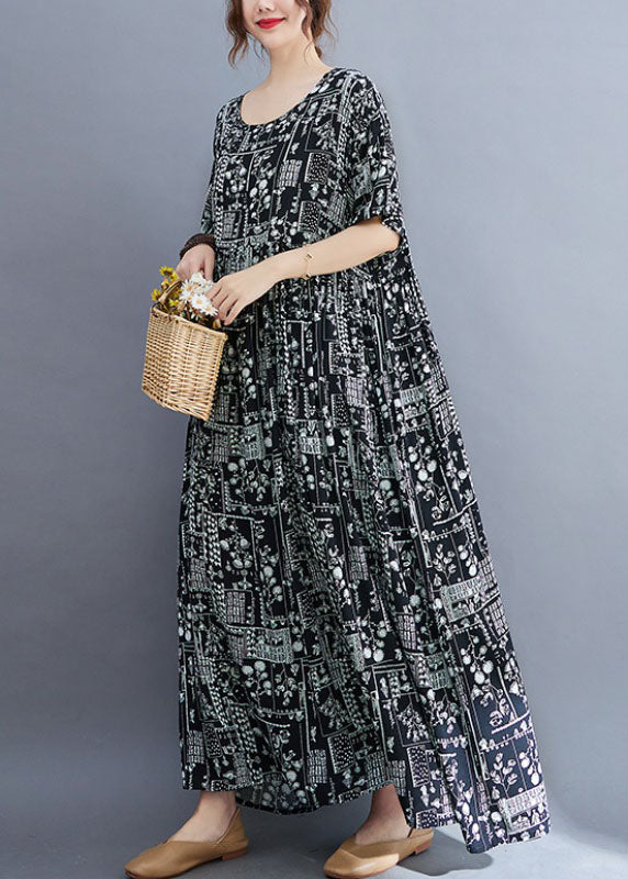 Baggy Black Knitter Patchwork Print Extra großer Saum Baumwolle langes Kleid mit kurzen Ärmeln