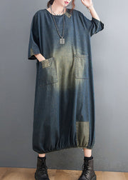Baggy Blue O-Neck Pockets Patchwork Denim Dresses Half Sleeve