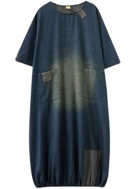 Baggy Blue O-Neck Pockets Patchwork Denim Dresses Half Sleeve