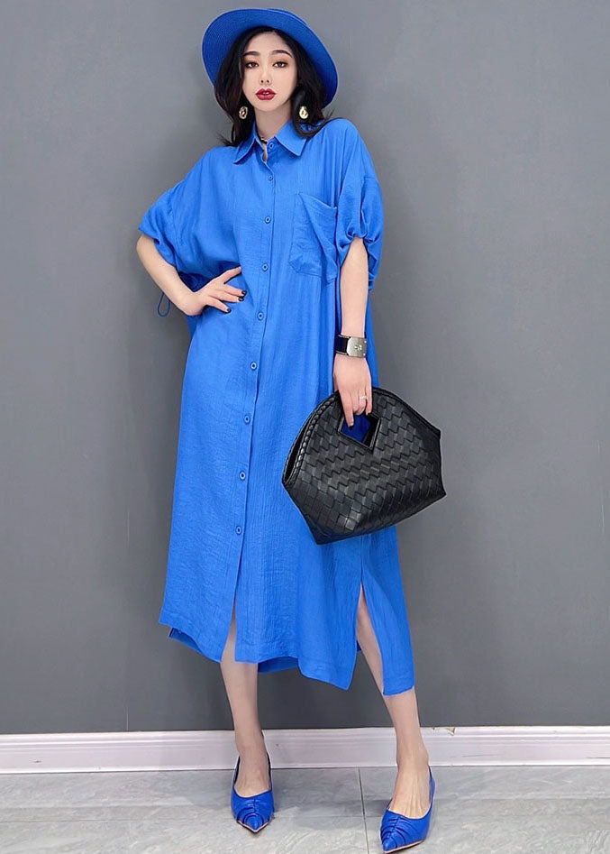 Baggy Blue Solid Bubikragen Übergroßes Hemdkleid aus Baumwolle und Leinen mit kurzen Ärmeln