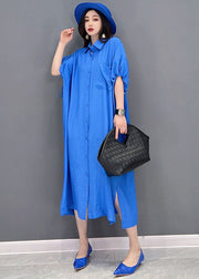 Baggy Blue Solid Bubikragen Übergroßes Hemdkleid aus Baumwolle und Leinen mit kurzen Ärmeln