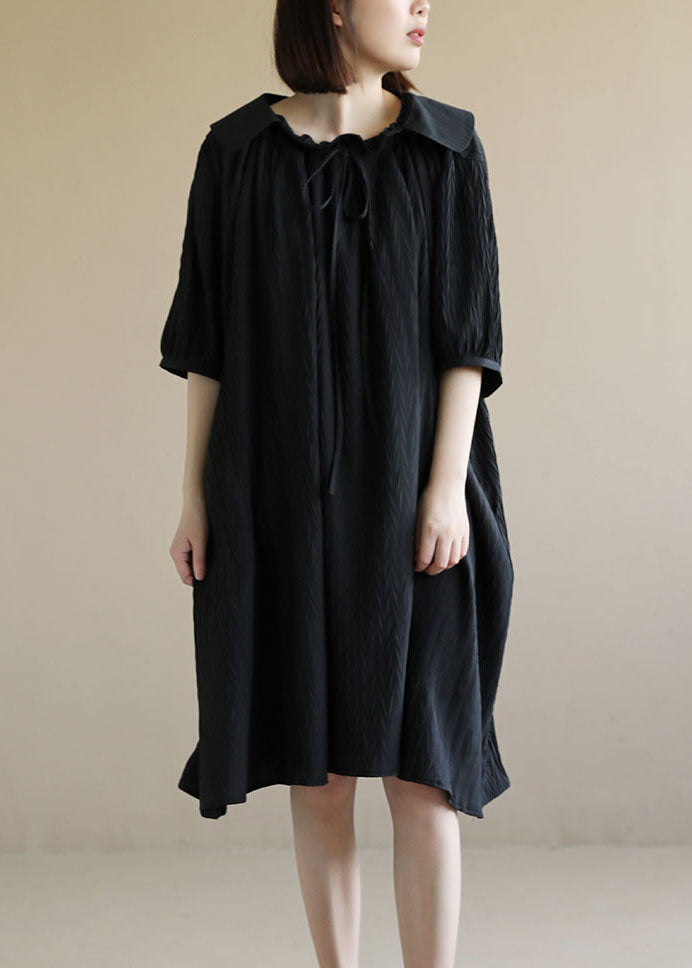 Baggy Chic Black Peter Pan Collar Wrinkled Lace Up Maxi Dresses Short Sleeve