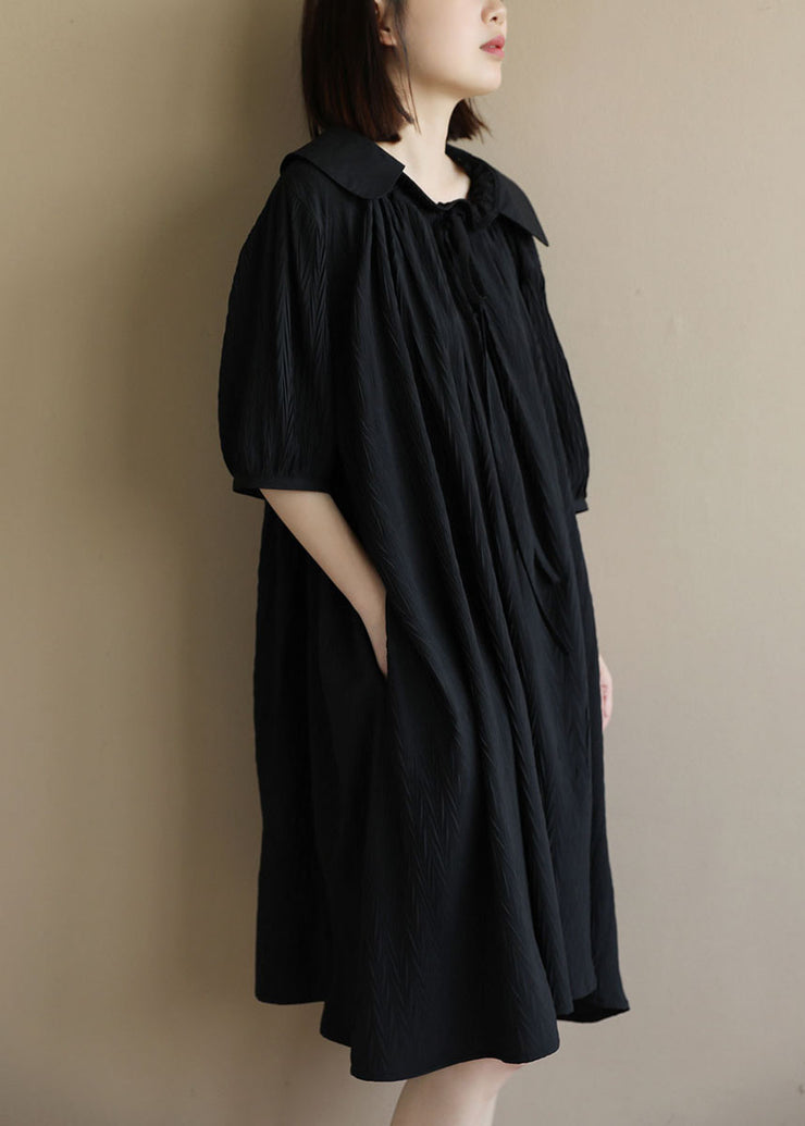 Baggy Chic Black Peter Pan Collar Wrinkled Lace Up Maxi Dresses Short Sleeve
