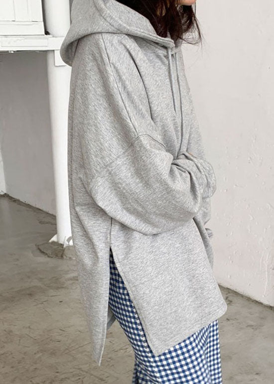 Baggy Grey Hooded Side Open Cotton Sweatshirts Top Spring