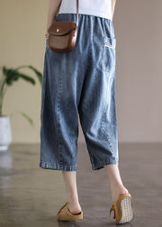 Baggy Light Blue Elastic Waist Pockets Denim Cotton Wide Leg Pants Summer