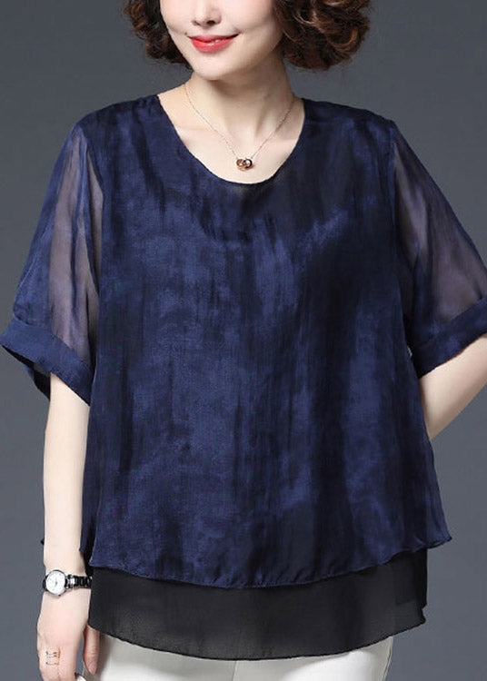 Baggy Navy O-Neck Patchwork-Chiffon-Bluse Top Half Sleeve
