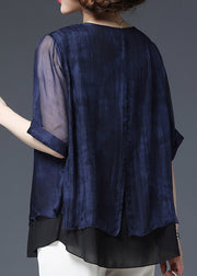Baggy Navy O-Neck Patchwork-Chiffon-Bluse Top Half Sleeve