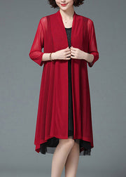 Baggy Plus Size Red UPF 50+ Knit Beach Cardigan Three Quarter sleeve