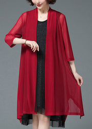 Baggy Plus Size Red UPF 50+ Knit Beach Cardigan Three Quarter sleeve