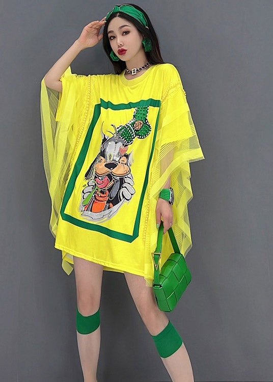Batwing Yellow O-Neck Print Tulle Top Batwing Sleeve