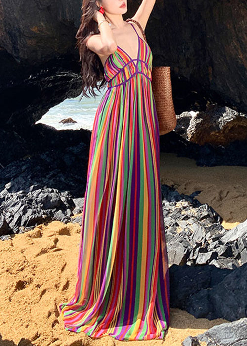 Beach Striped V Neck Backless Cotton Spaghetti Strap Dress Sleeveless