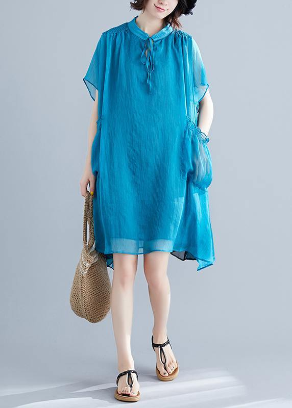 Beach stand collar pockets chiffon stylish Fabrics blue Love Dresses Summer - SooLinen