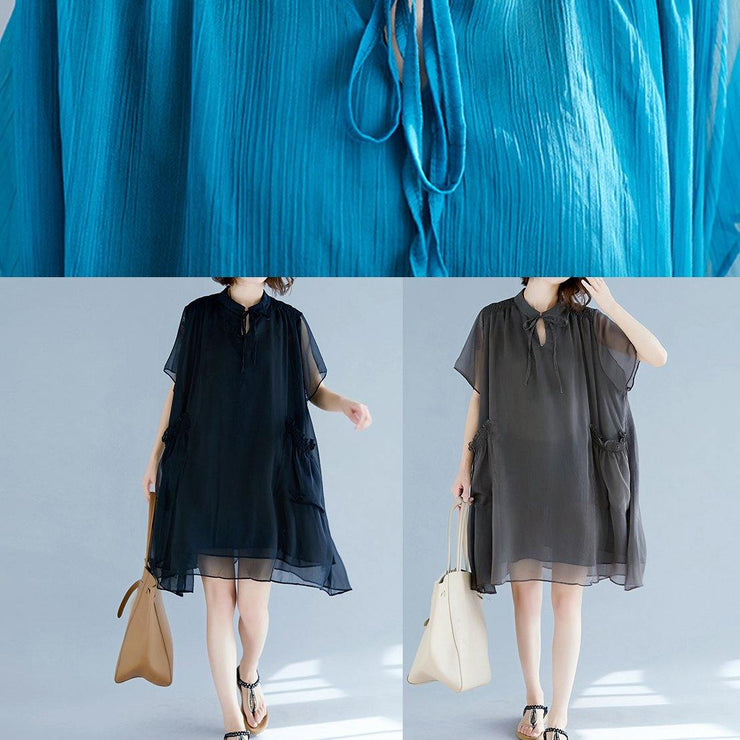 Beach stand collar pockets chiffon stylish Fabrics blue Love Dresses Summer - SooLinen