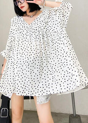 Beach white dotted chiffon clothes plus size Sleeve v neck Ruffles Love tops - SooLinen
