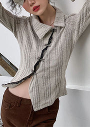 Beautiful Apricot Asymmetrical Patchwork Knit Sweater Tops Long Sleeve