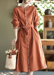 Beautiful Apricot Embroidered Button Tie Waist Cotton Dress Fall