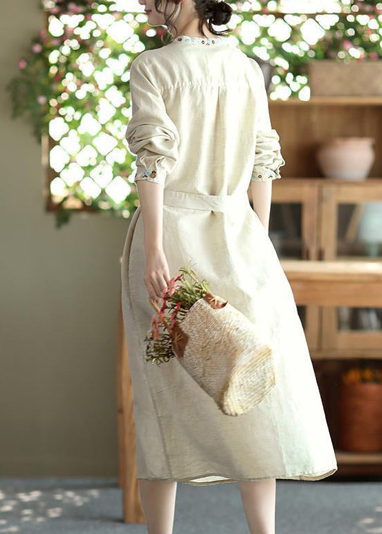 Beautiful Apricot Embroidered Button Tie Waist Cotton Dress Fall