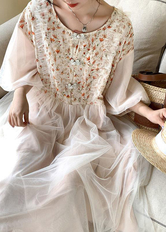 Beautiful Apricot O-Neck Embroidered Tulle Patchwork Maxi Dresses Half Sleeve