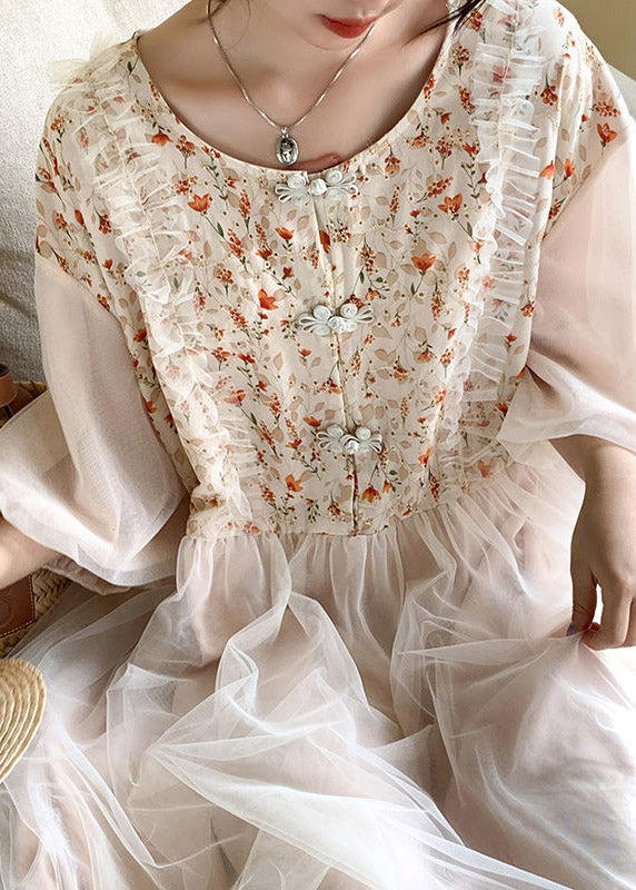 Beautiful Apricot O-Neck Embroidered Tulle Patchwork Maxi Dresses Half Sleeve