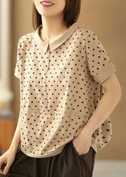 Beautiful Apricot Turn-down Collar Patchwork Dot Print Cotton Shirts Short Sleeve