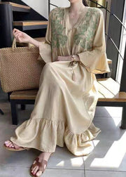 Beautiful Apricot V Neck Embroidered Ruffled Tassel Tie Waist Long Dresses Flare Sleeve