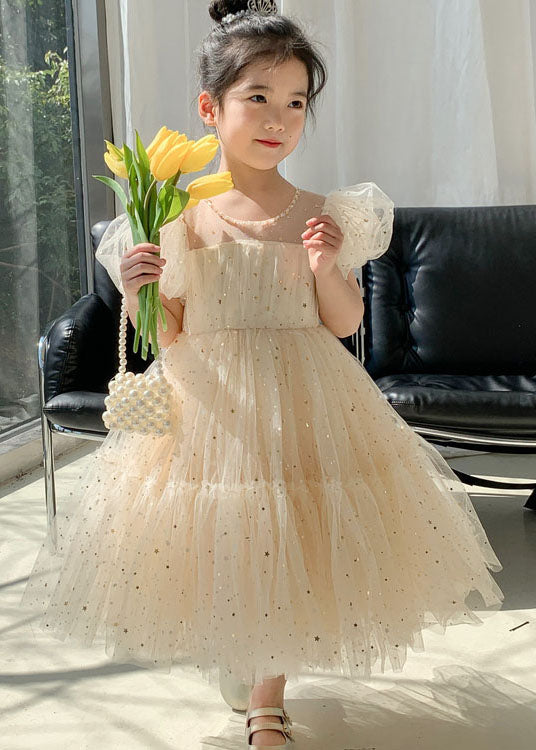 Beautiful Apricot Wrinkled Sequins Patchwork Tulle Kids Girls Dresses Summer