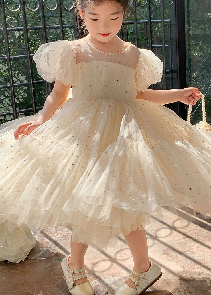 Beautiful Apricot Wrinkled Sequins Patchwork Tulle Kids Girls Dresses Summer