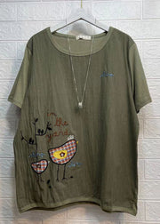 Beautiful Army Green O Neck Embroidered Patchwork Cotton T Shirt Summer