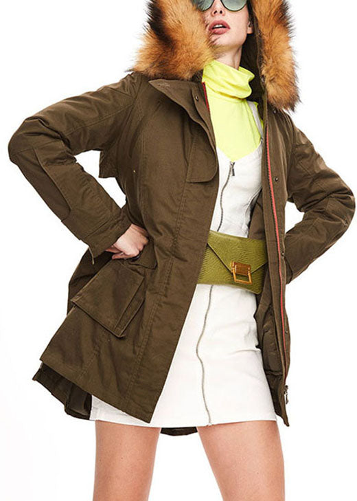Beautiful Army Green hooded Fur collar tasseled drawstring Winter Duck Down Jacket