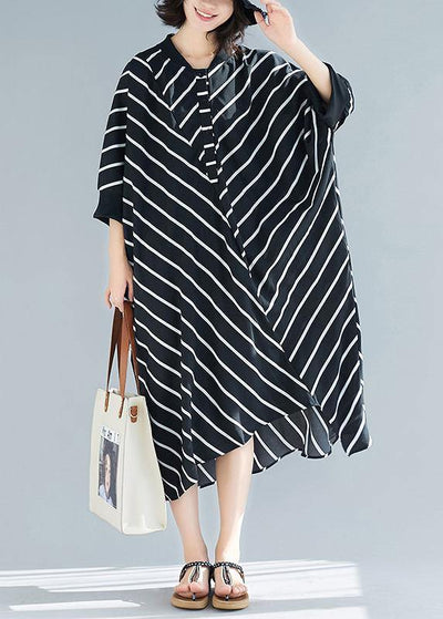 Beautiful Asymmetric Spring Black Striped Robes Dresses - SooLinen