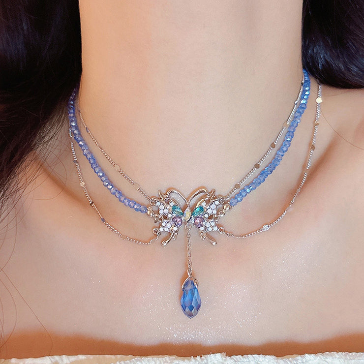 Beautiful Baby Blue Copper Zircon Crystal Butterfly Water Drop Tassel Pendant Necklace