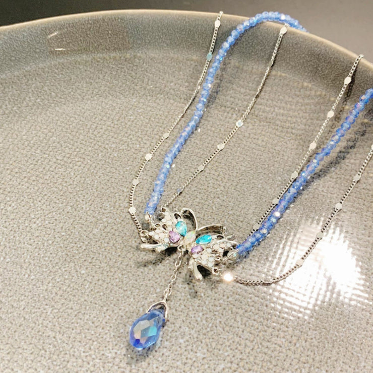 Beautiful Baby Blue Copper Zircon Crystal Butterfly Water Drop Tassel Pendant Necklace