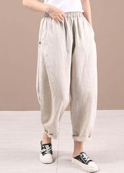 Beautiful Beige Elastic Waist Pockets Pants Trousers Linen - SooLinen