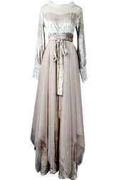 Beautiful Beige Hollow Out Tulle Patchwork Silk Velour Long Dresses Spring