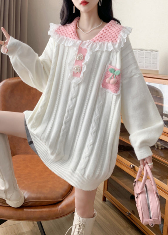 Beautiful Beige Nail Bead Patchwork Cotton Knit Sweaters Long Sleeve