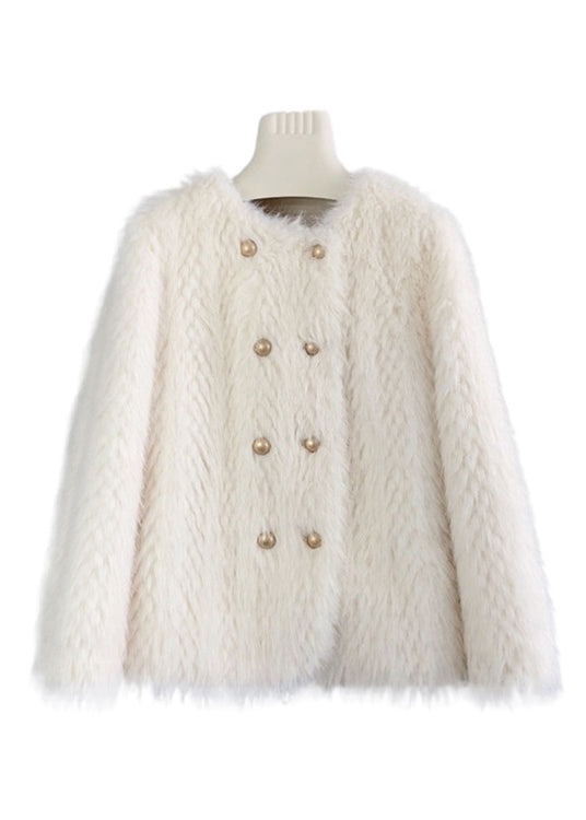 Beautiful Beige O Neck Double Breast Mink Cashmere Coats Winter