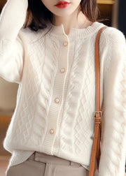 Beautiful Beige O-Neck Pearl Button Wool Knit Cardigan Winter