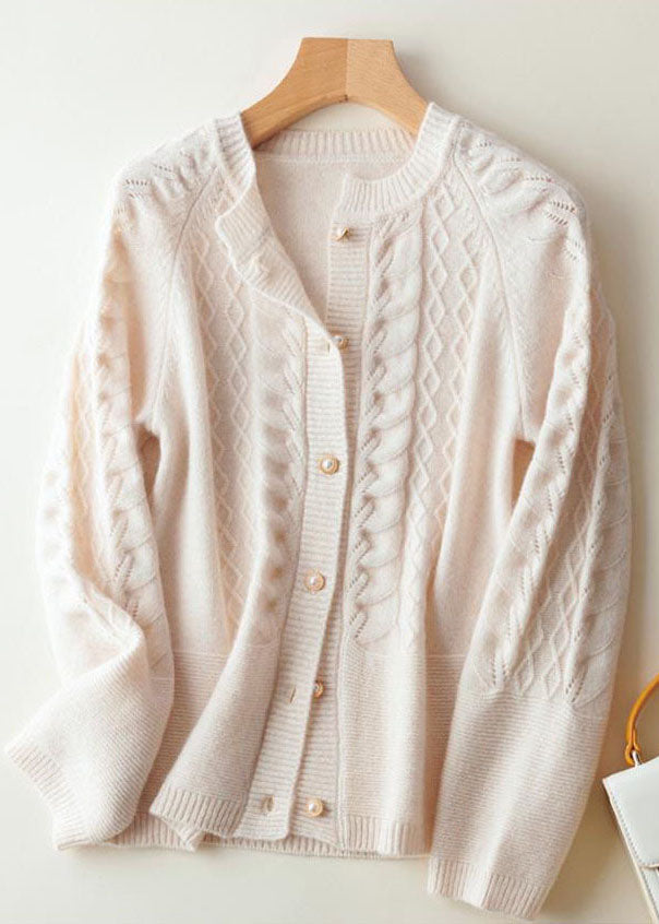 Beautiful Beige O-Neck Pearl Button Wool Knit Cardigan Winter