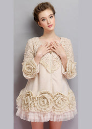 Beautiful Beige O-Neck Tulle Patchwork Applique Mink Velvet Coats Spring