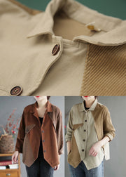 Beautiful Beige Peter Pan Collar Patchwork Corduroy Coats Long Sleeve